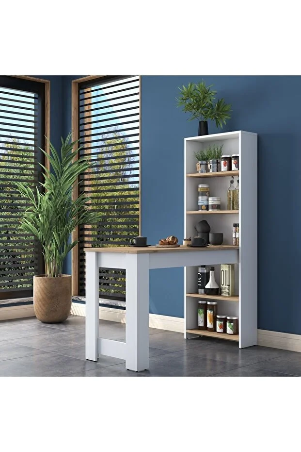 Rani Ja102 Masa Raflı Dekoratif Mutfak Yemek Masası Sepet Ceviz - Beyaz